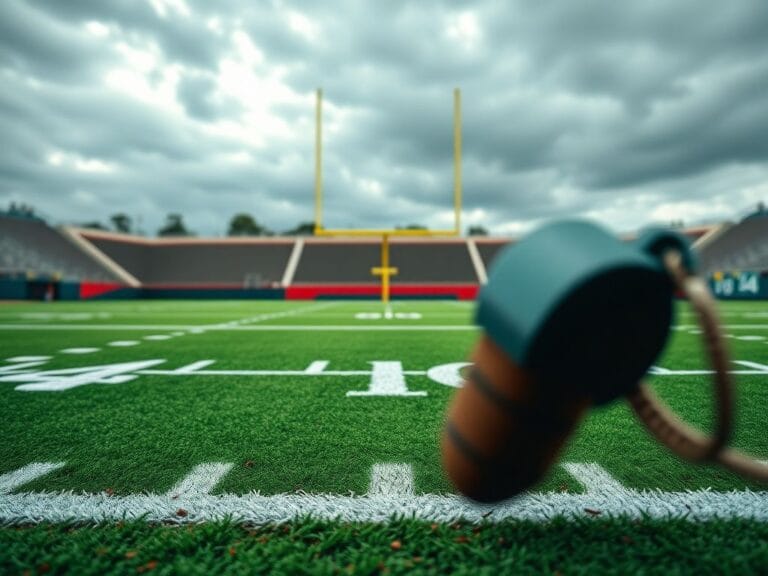 Flick International Close-up view of an empty football field with yard markers showing a critical 4th-and-1 position