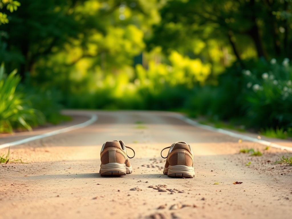Flick International A pair of well-worn walking shoes positioned facing backward on a serene outdoor pathway surrounded by lush greenery.