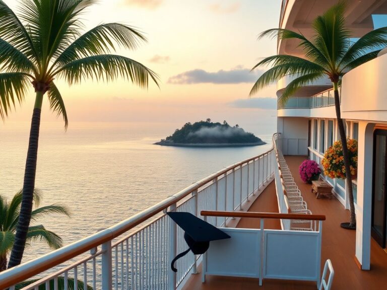 Flick International A serene tropical cruise setting at dawn with an anchored cruise ship near a lush island