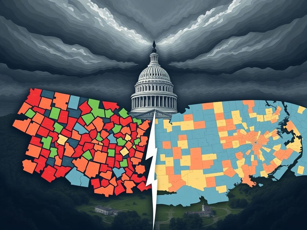 Flick International Illustration of a political landscape divided by gerrymandering, showing chaotic districts on one side and fair districts on the other.