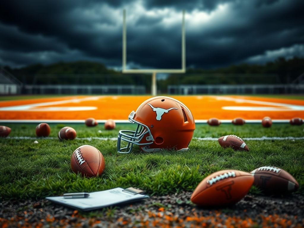 Flick International Texas Longhorns helmet on a grass patch with footballs scattered around under a darkening sky