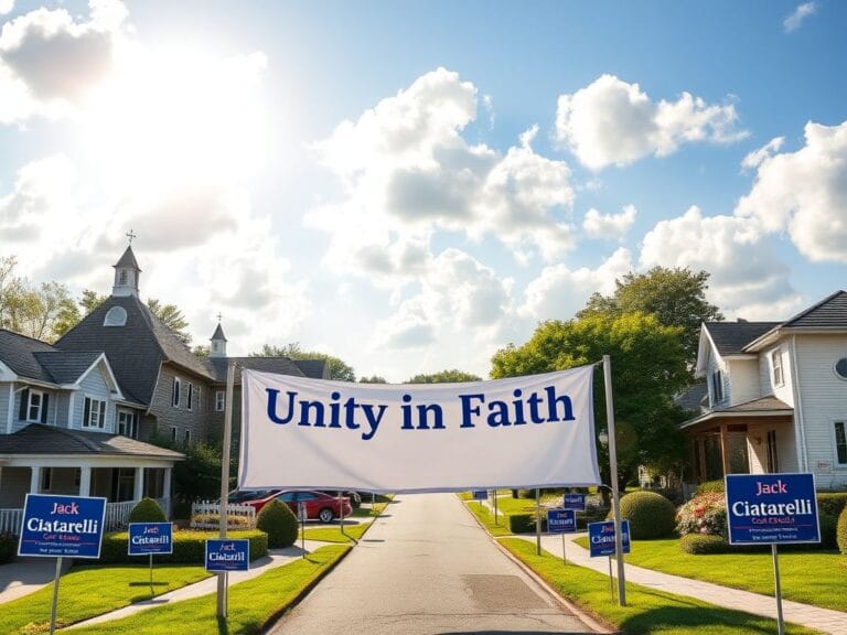 Flick International Vibrant Ocean County neighborhood showcasing Orthodox Jewish architecture and campaign signs for Jack Ciattarelli.