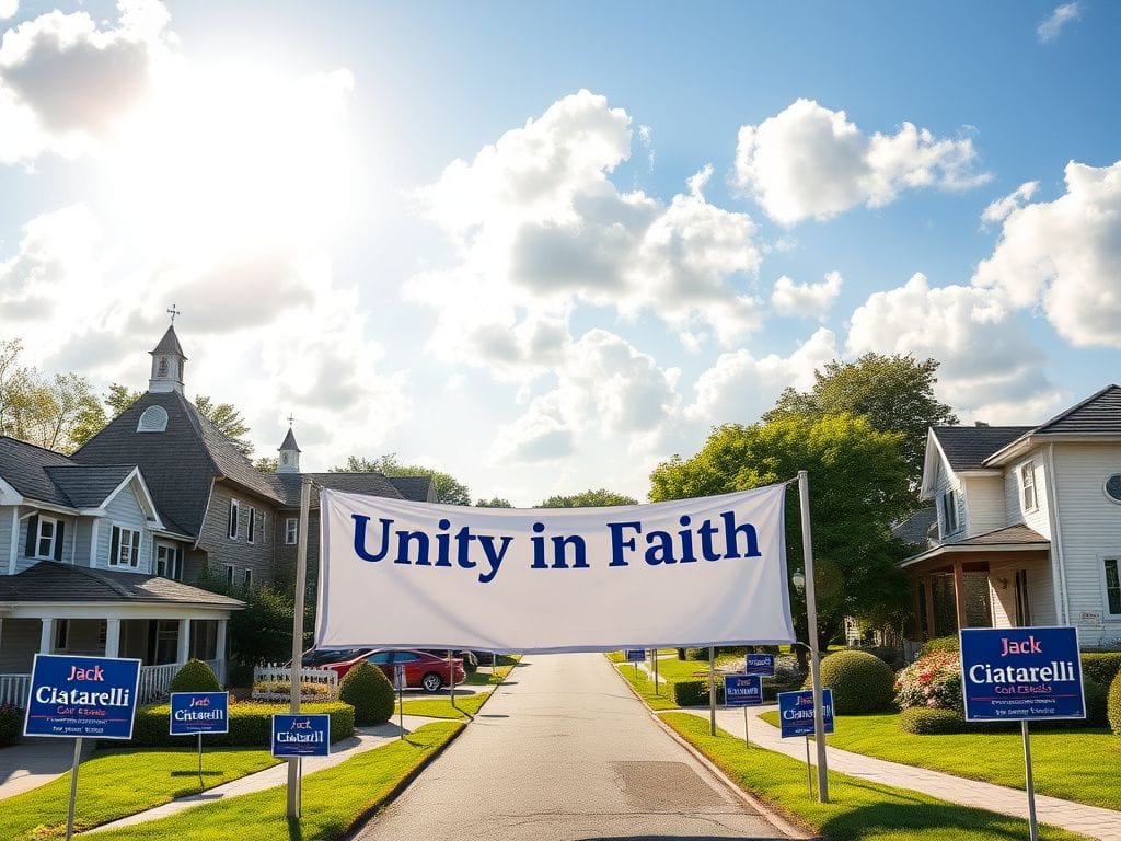 Flick International Vibrant Ocean County neighborhood showcasing Orthodox Jewish architecture and campaign signs for Jack Ciattarelli.