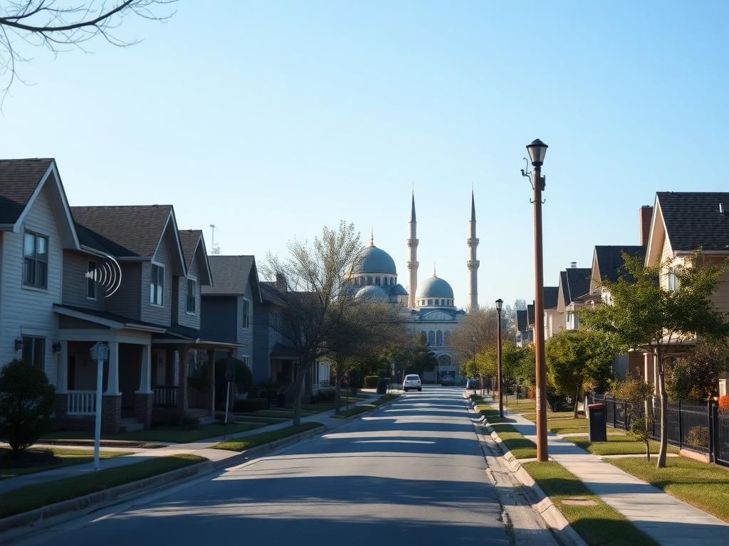 Flick International A serene neighborhood in Dearborn, showcasing a mosque with sound waves symbolizing the call to prayer