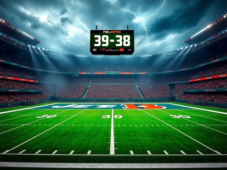 Flick International Overhead view of a vibrant football stadium showcasing the New York Jets' end zone during their comeback victory over the Cincinnati Bengals.