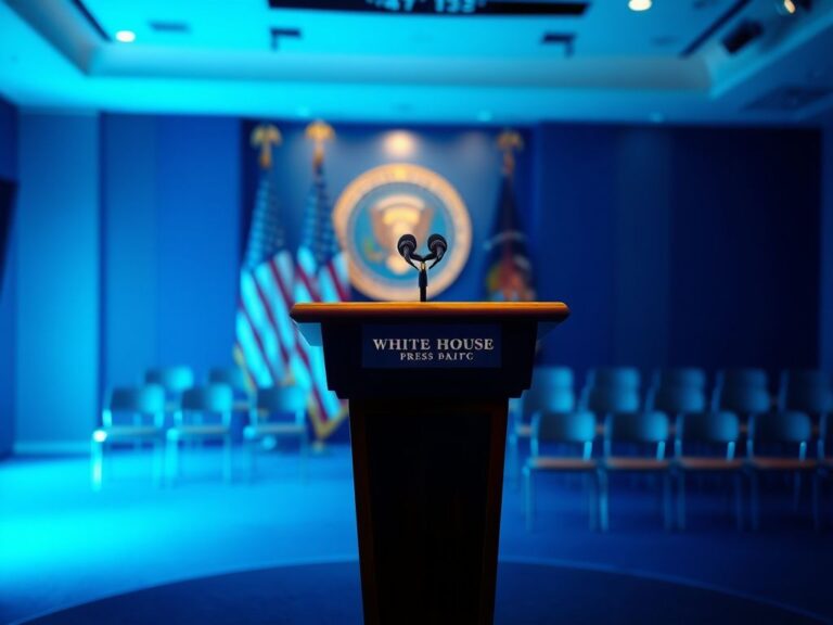 Flick International A vibrant abstract representation of the White House press briefing room showcasing the iconic podium.