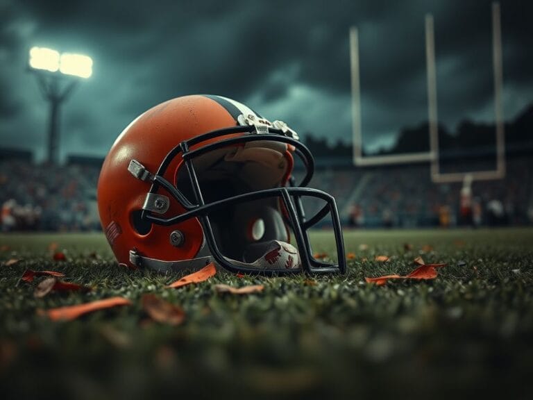 Flick International Close-up of a scuffed football helmet on a turf field