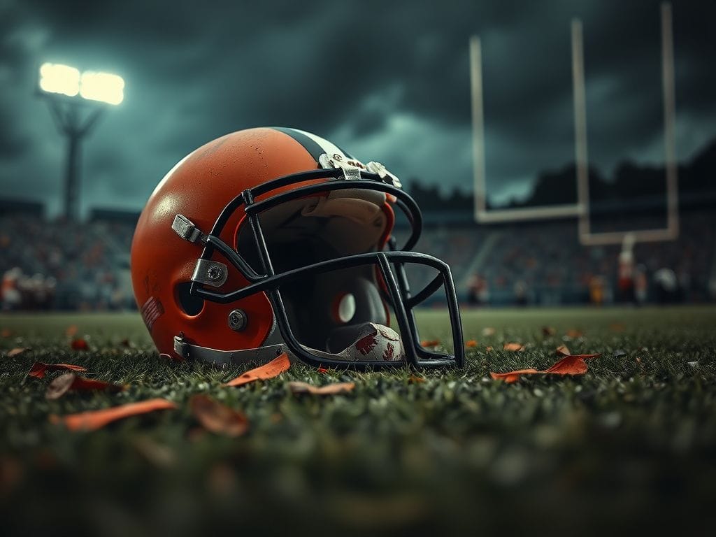 Flick International Close-up of a scuffed football helmet on a turf field