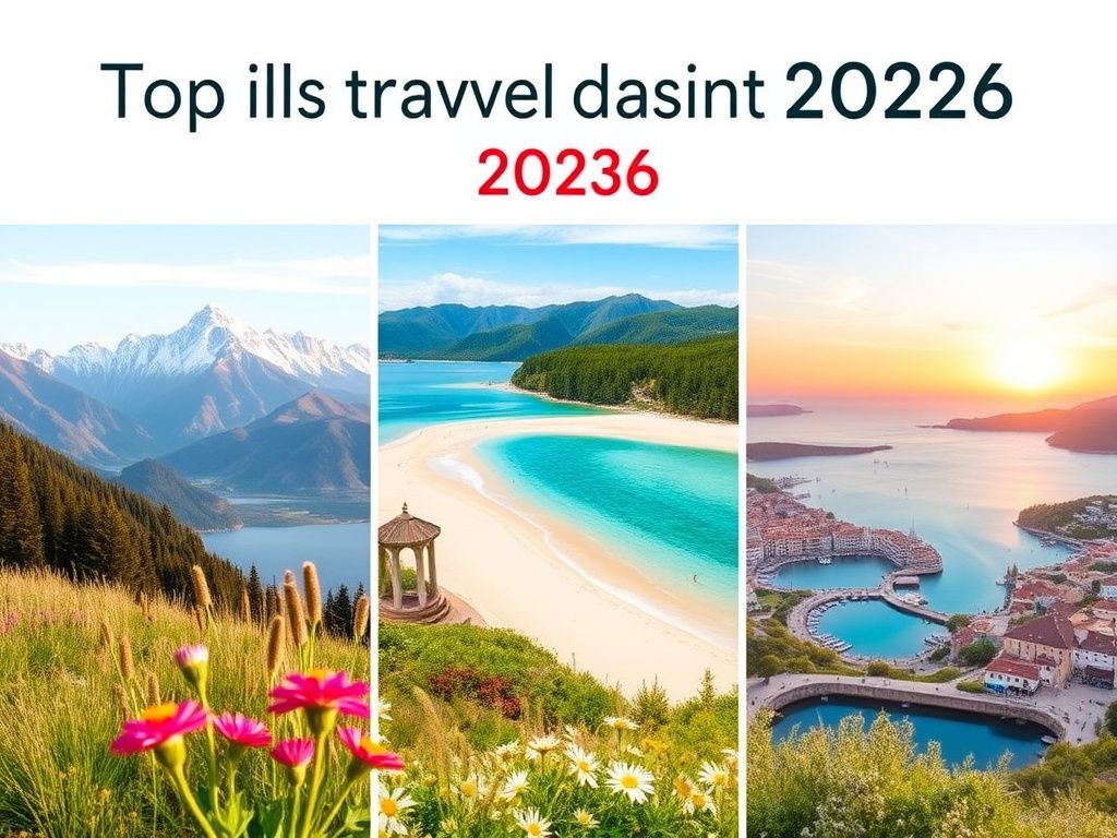 Flick International A serene landscape of Big Sky, Montana, Okinawa, Japan, and Sardinia, Italy, showcasing diverse travel destinations for 2026.