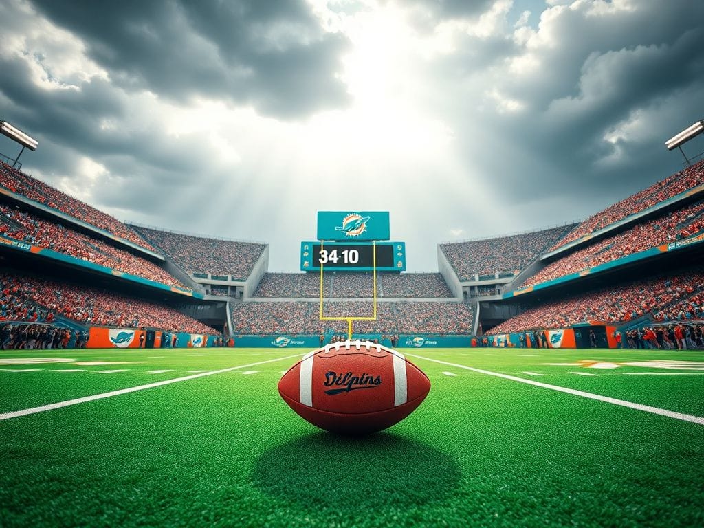 Flick International Miami Dolphins football field with a football on the 10-yard line under stormy skies