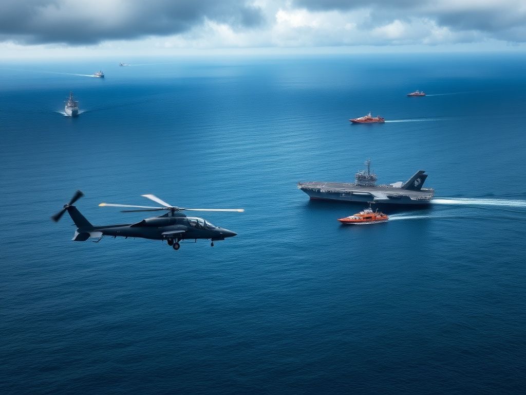 Flick International Aerial view of a MH-60R Sea Hawk helicopter and F/A-18F Super Hornet fighter jet partially submerged in the South China Sea