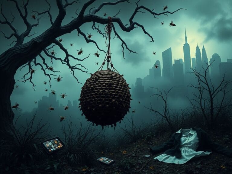 Flick International A surreal landscape featuring a large ominous beehive hanging from gnarled branches, symbolizing conspiracy and entrapment.