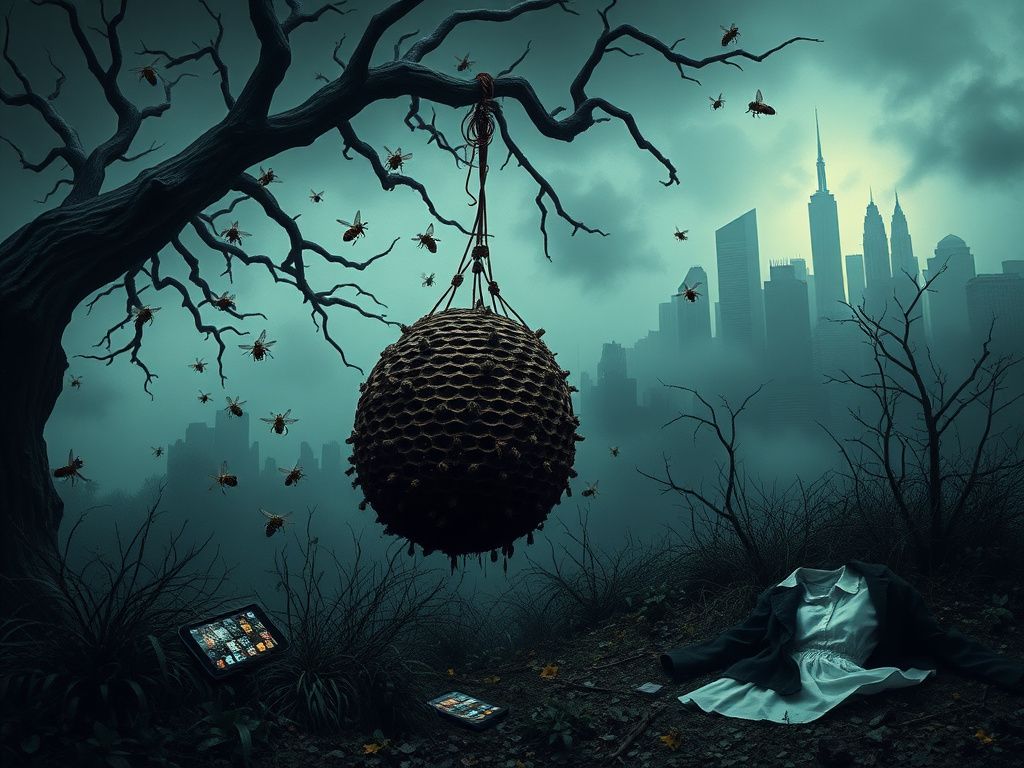 Flick International A surreal landscape featuring a large ominous beehive hanging from gnarled branches, symbolizing conspiracy and entrapment.