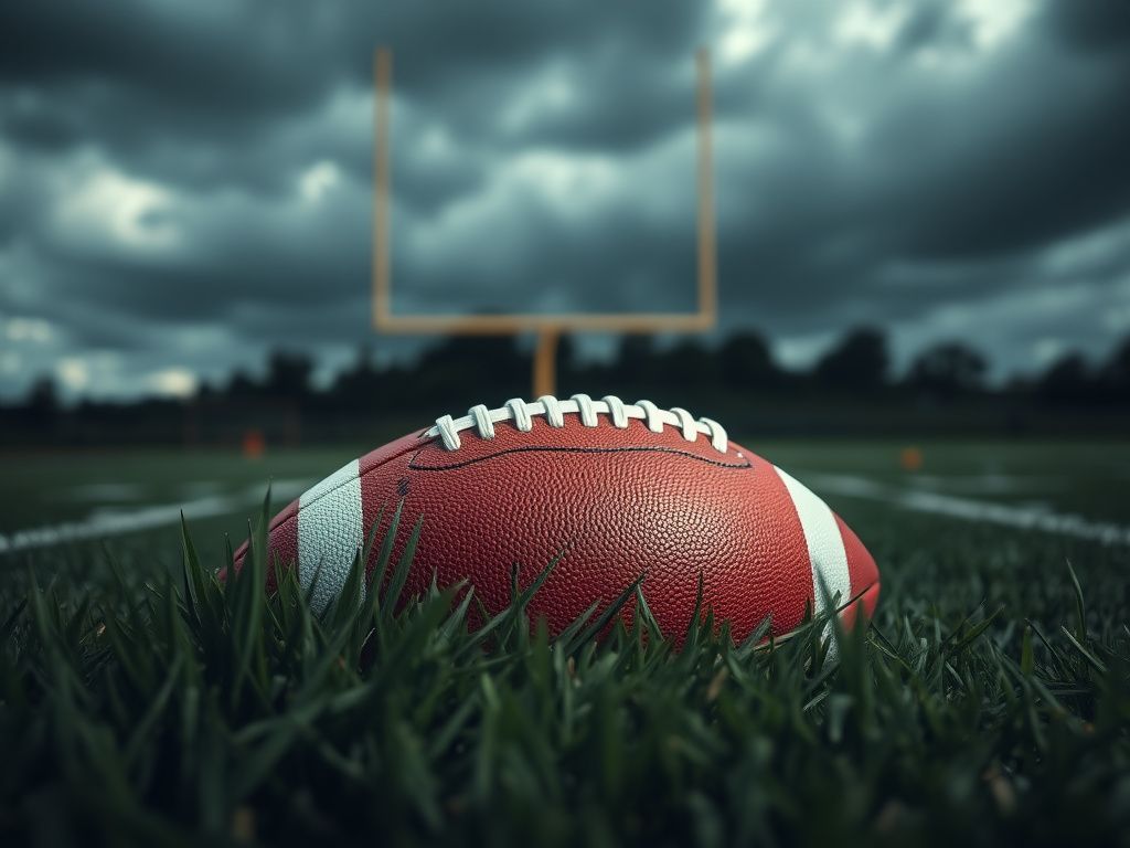 Flick International Close-up of an American football resting on green turf with chalk markings, symbolizing game tension