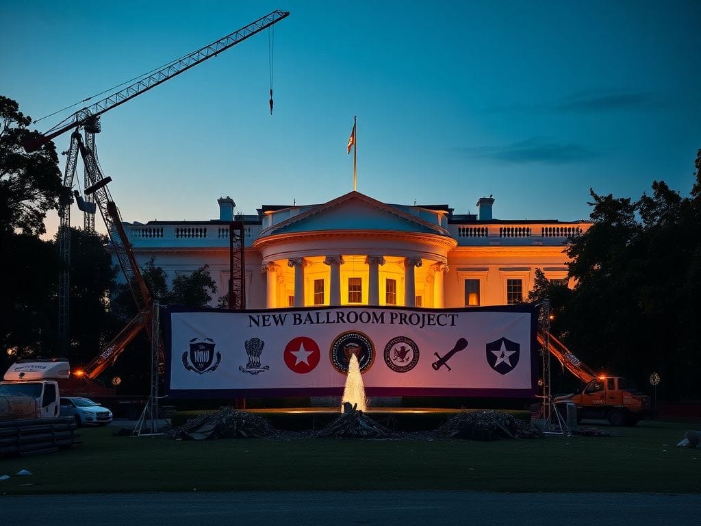 Flick International Dramatic view of the White House East Wing under construction with cranes and machinery
