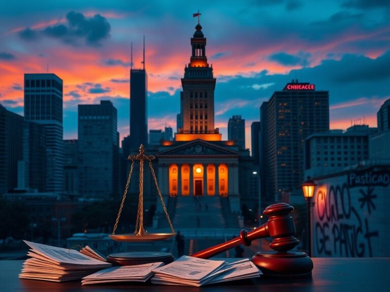 Flick International Chicago skyline at dusk with illuminated city hall and scales of justice symbols.