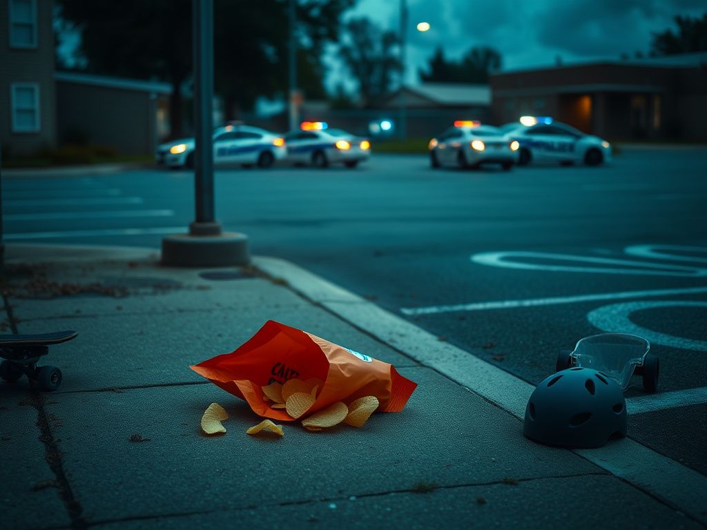 Flick International Empty bag of chips lying on the ground near a police car in a school parking lot