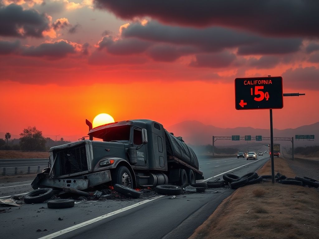 Flick International fiery wreckage of a semi-truck on a California freeway during sunset