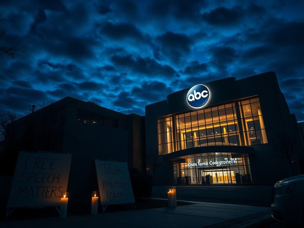 Flick International Nighttime scene outside a large television studio with ABC logo, protest signs, and candles