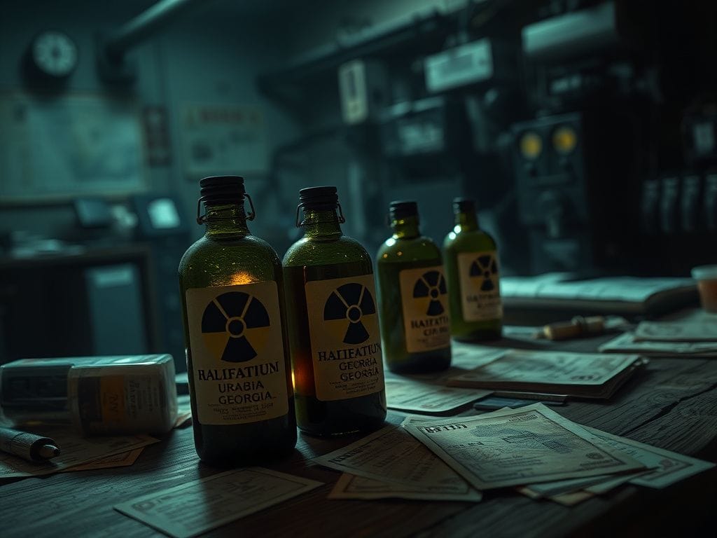 Flick International Close-up of bottles labeled with hazard symbols indicating radioactive materials in a dimly lit environment.