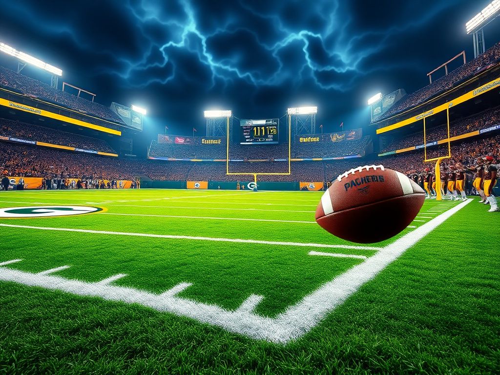 Flick International A dynamic football stadium scene showcasing the Green Bay Packers vs. Pittsburgh Steelers under bright stadium lights.