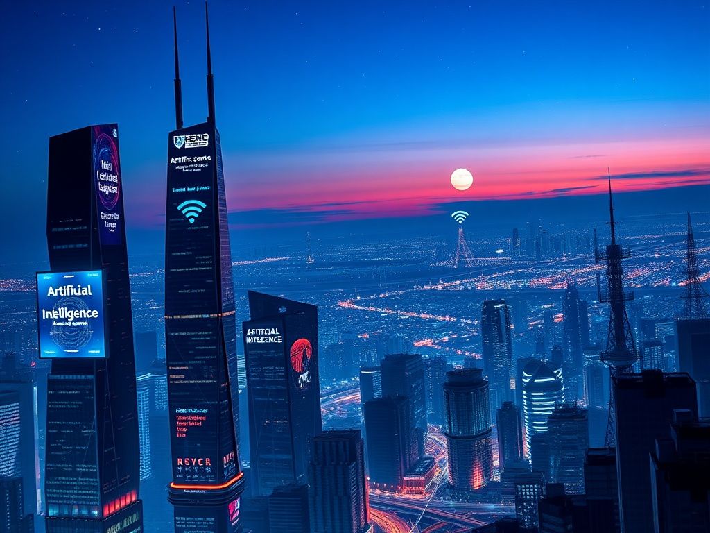 Flick International Futuristic cityscape at dusk with glowing data streams and interconnected lines symbolizing high-speed internet infrastructure