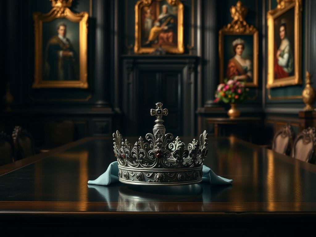 Flick International Regal setting with a polished silver crown on a dark wooden table