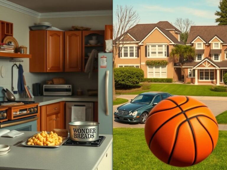 Flick International A split-scene image contrasting a modest 1980s kitchen with a luxurious suburban home