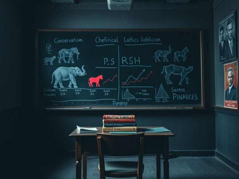 Flick International Dimly lit university classroom with a large chalkboard featuring political graphs, including elephants and donkeys, symbolizing diverse ideologies.