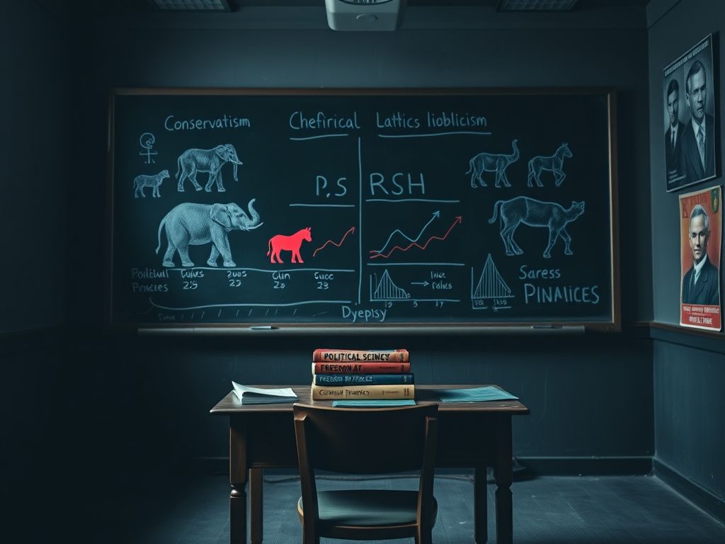 Flick International Dimly lit university classroom with a large chalkboard featuring political graphs, including elephants and donkeys, symbolizing diverse ideologies.