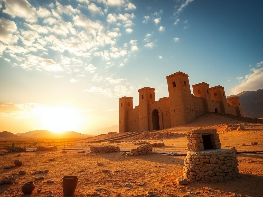 Flick International 3,000-year-old Egyptian fortress with defensive towers at sunset