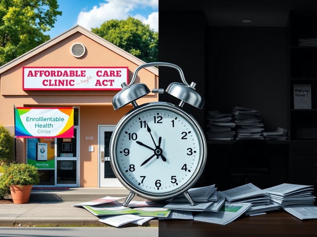 Flick International A split-image contrasting a vibrant community health clinic with a closed government office during the Obamacare enrollment period