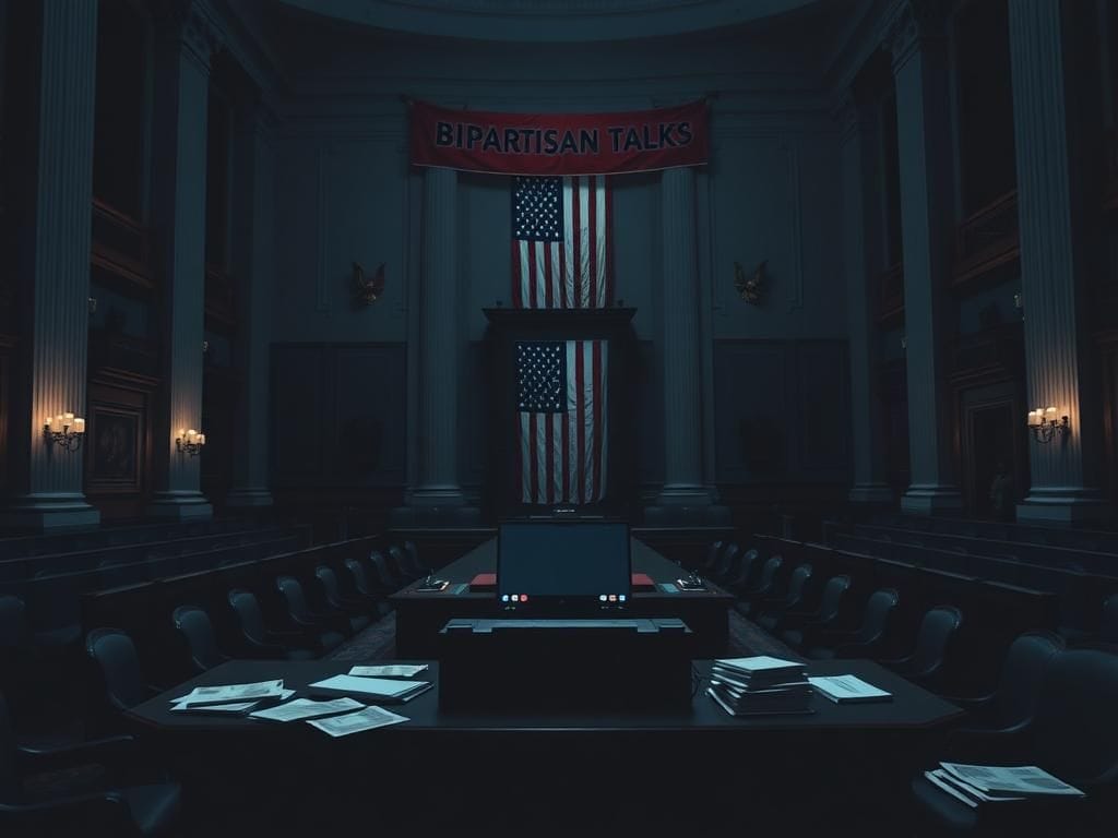 Flick International Empty United States Senate chamber depicting halted negotiations