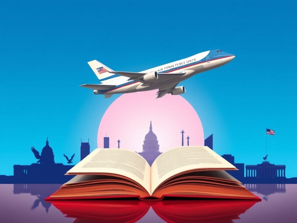 Flick International Powerful Air Force One soaring in a clear blue sky with political symbols below