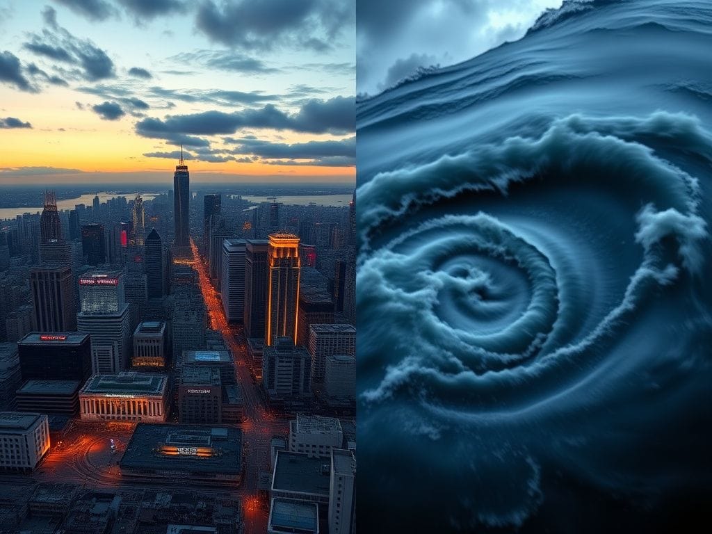 Flick International A split image showing a vibrant Asian city skyline and a stormy ocean scene
