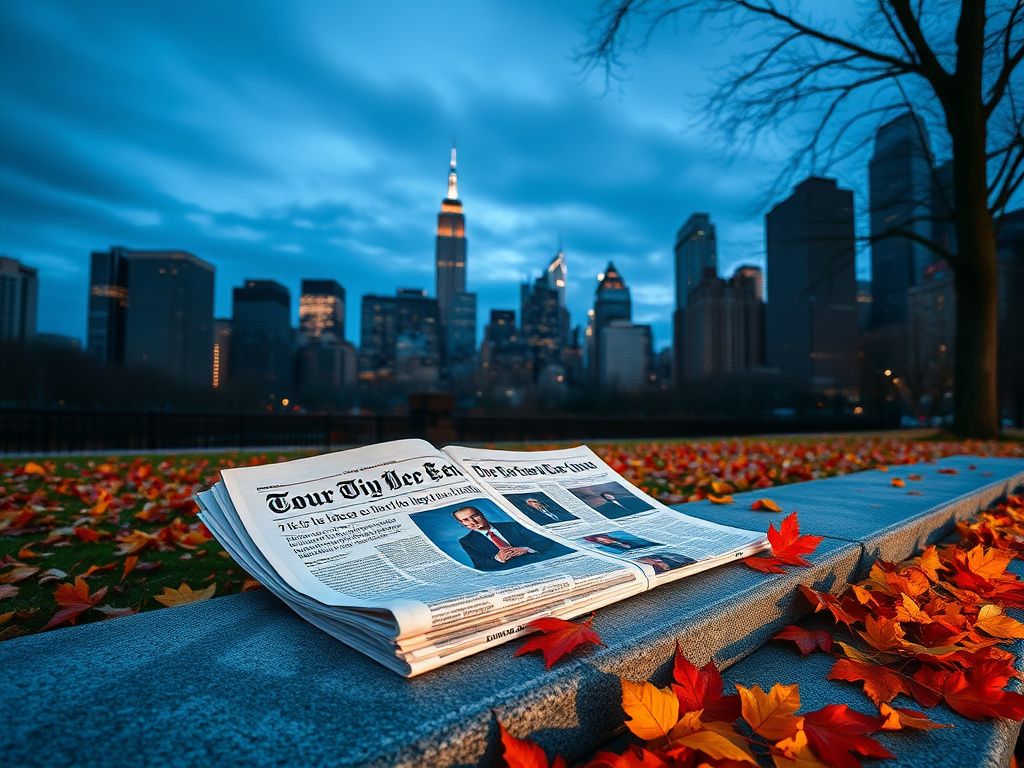 Flick International A view of New York City's skyline at dusk with an open newspaper showing a political endorsement.