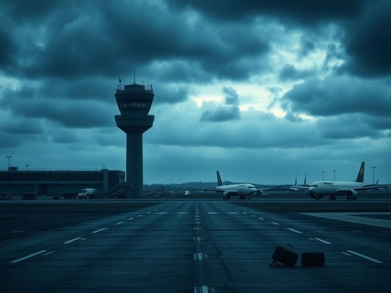 Flick International Airport control tower silhouetted against a cloudy sky with runway and abandoned luggage