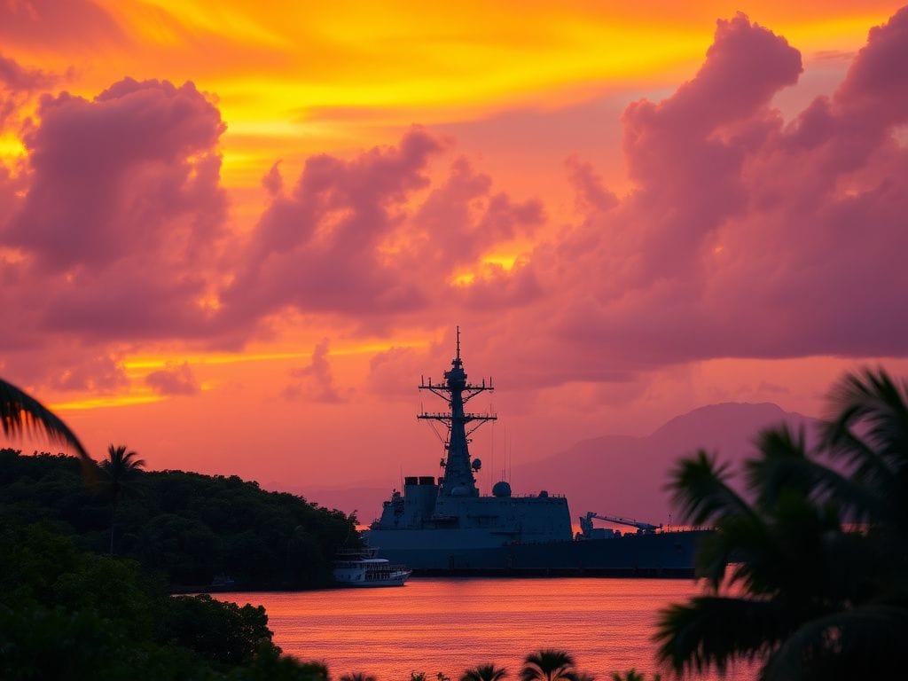 Flick International USS Gravely docked in a serene Trinidad and Tobago harbor at sunset