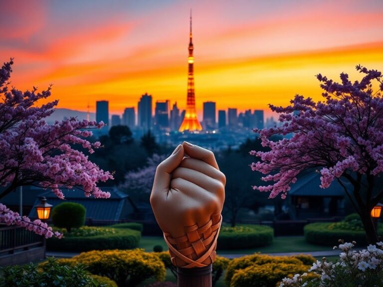 Flick International A scenic view of Tokyo Tower amidst a traditional Japanese garden with cherry blossoms.