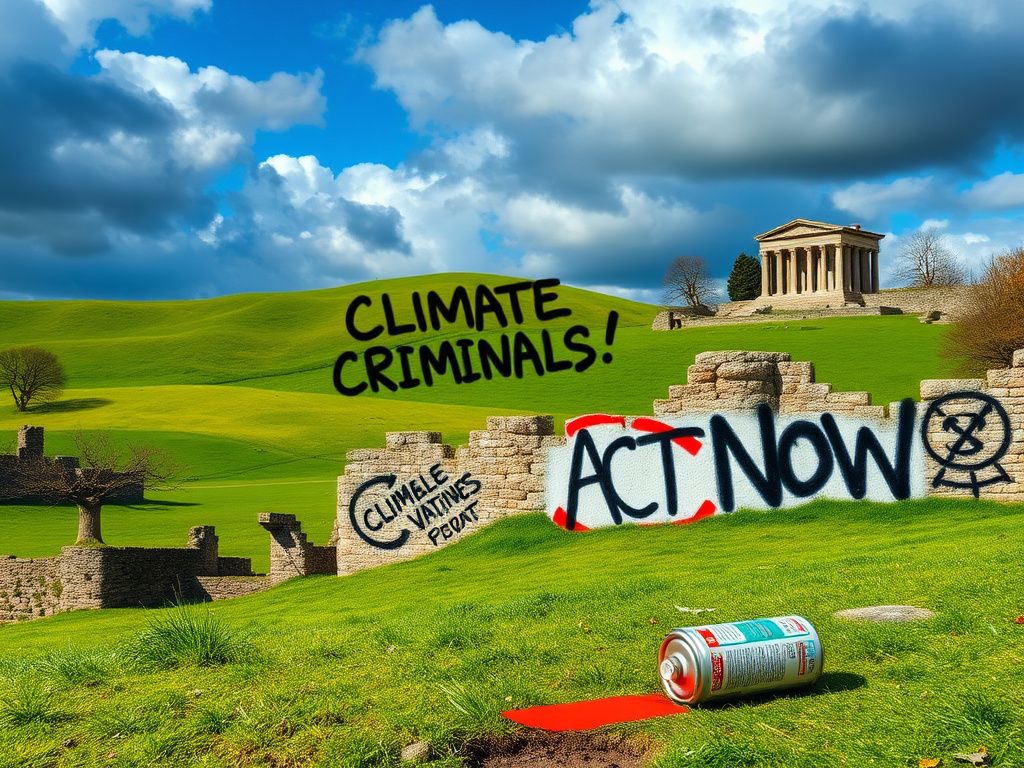 Flick International A dramatic scene depicting climate protest slogans on ancient stone walls against a natural landscape