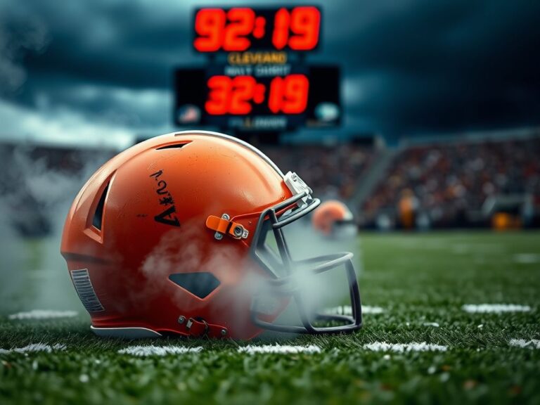 Flick International Close-up of a Cleveland Browns football helmet on the field turf with scuffs and team colors
