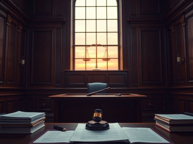 Flick International Somber courtroom interior featuring an empty judge's bench and gavel