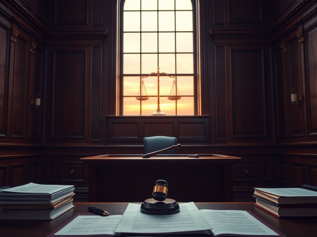 Flick International Somber courtroom interior featuring an empty judge's bench and gavel