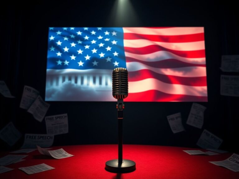 Flick International A dimly lit stage with a classic microphone symbolizing late-night talk shows, surrounded by scattered papers reflecting political tension