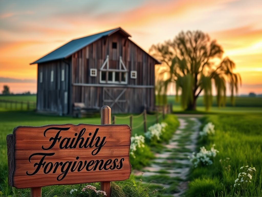 Flick International Serene countryside scene at dusk with a rustic barn and a sign reading 'Faith, Family, Forgiveness'