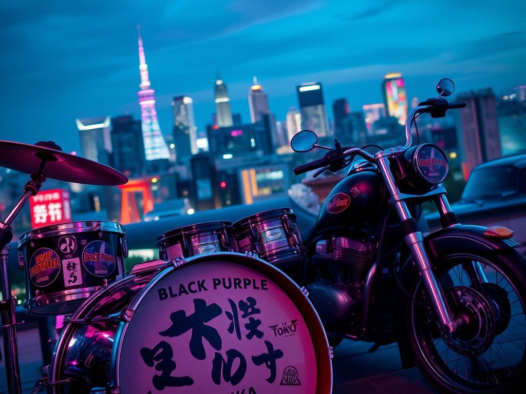 Flick International A vibrant Tokyo skyline with an intricate drum kit and classic motorcycle symbolizing Sanae Takaichi's unique blend of tradition and modernity