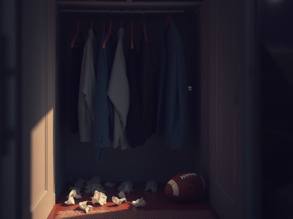 Flick International A dimly lit closet representing emotional vulnerability and introspection of Jets quarterback Justin Fields.