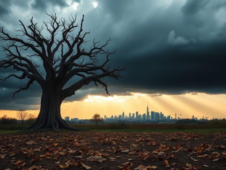 Flick International A weathered oak tree symbolizing resilience stands against dark clouds, reflecting hope and stability.