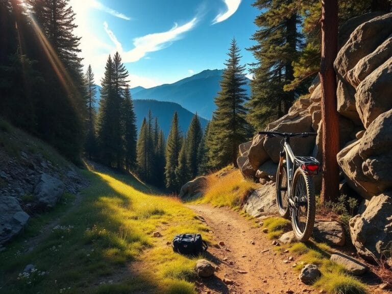 Flick International Mountain bikers and lost hiker in Idaho wilderness with wildflowers and mountain backdrop