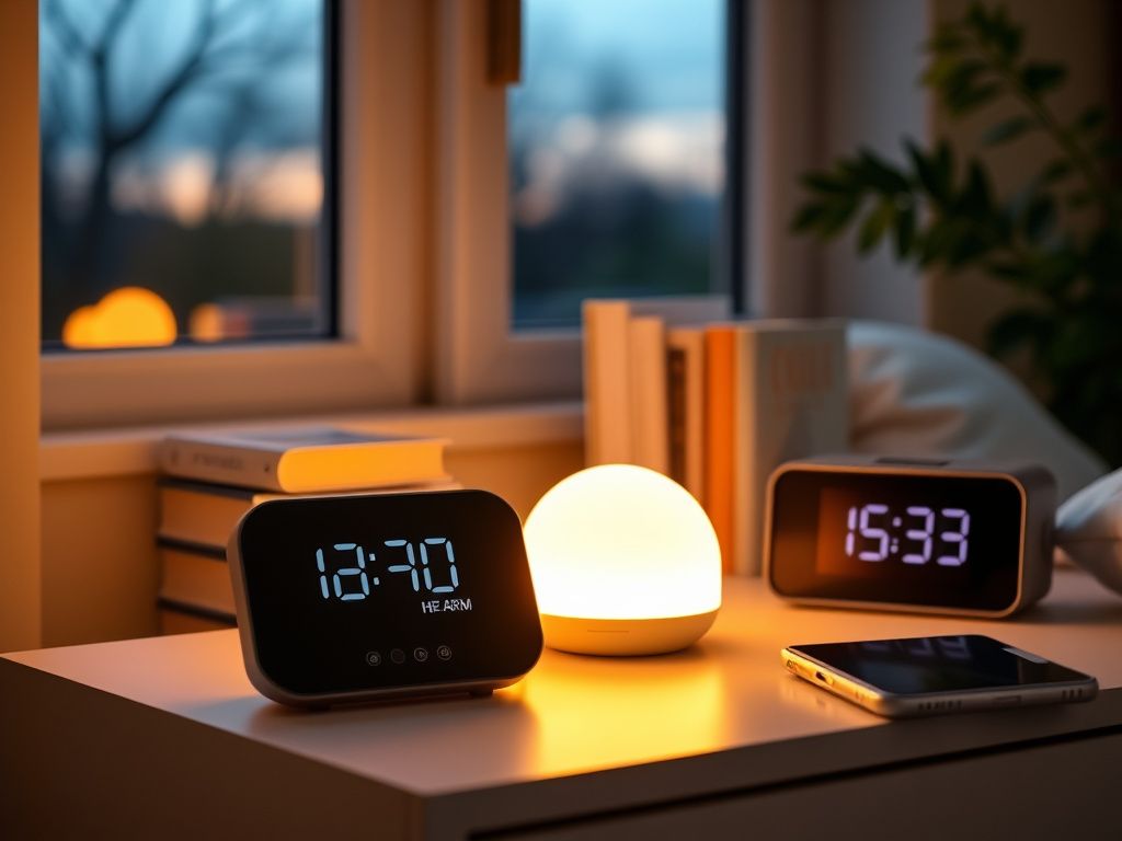 Flick International A cozy bedroom scene featuring a sleek sunrise alarm clock and a digital alarm clock on a minimalist nightstand